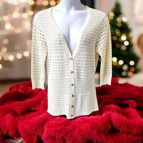 DKNY JEANS Women's V- Neck Open Knit Cream Colored Cardigan Sweater Size XL - Picture 2 of 15